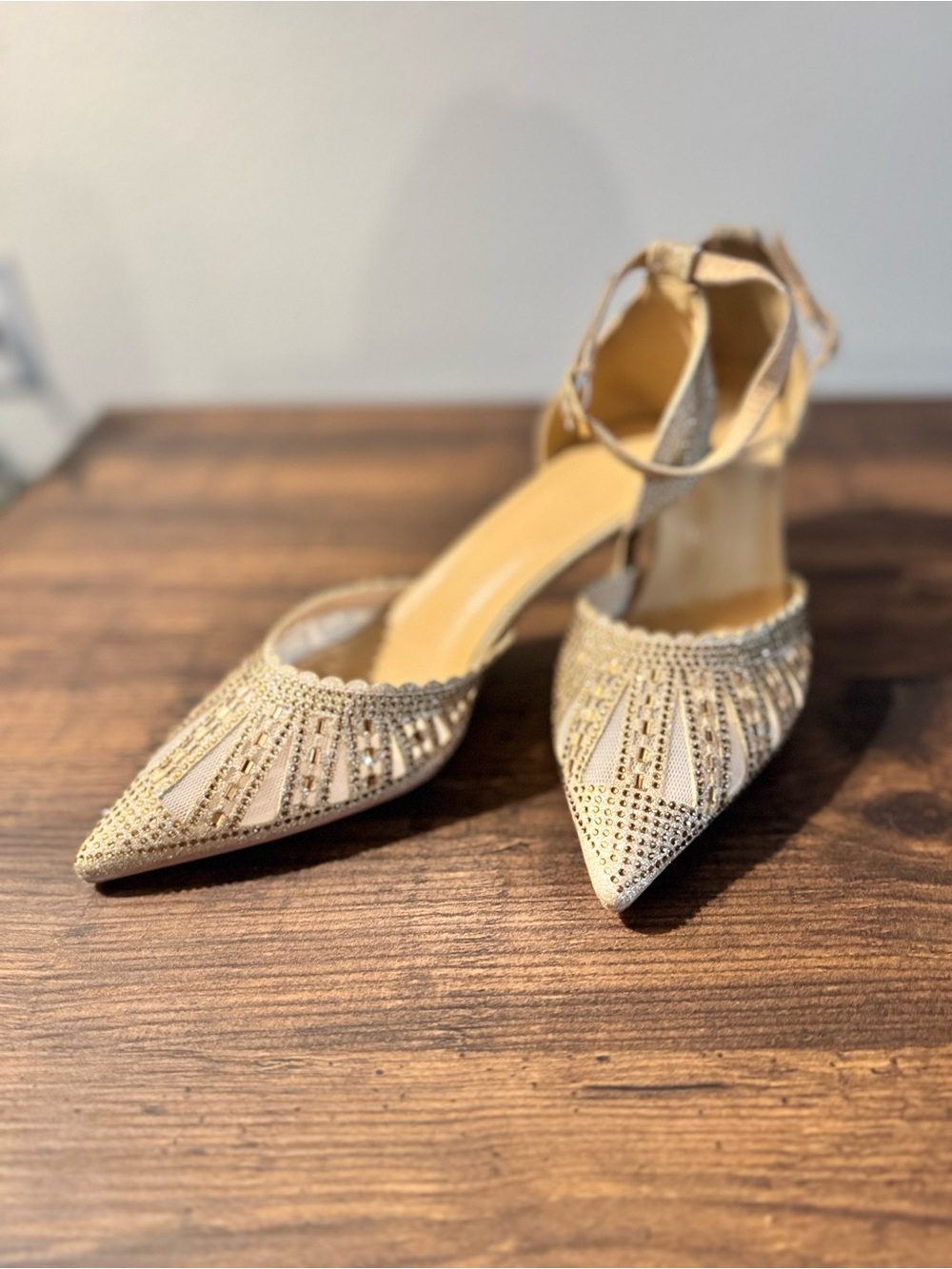 Pointed Art Deco Ankle-Strap Heels in Champagne